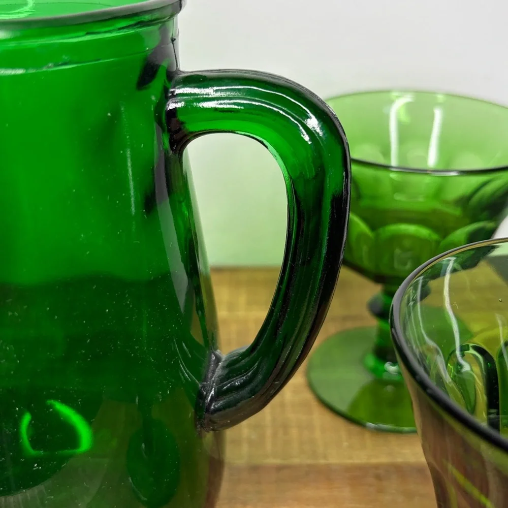 Vintage Anchor Hocking Emerald Green Glass Pitcher and Goblet Set